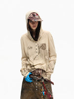 Deconstructed Mesh Print Henley Hooded Sweatshirt 1