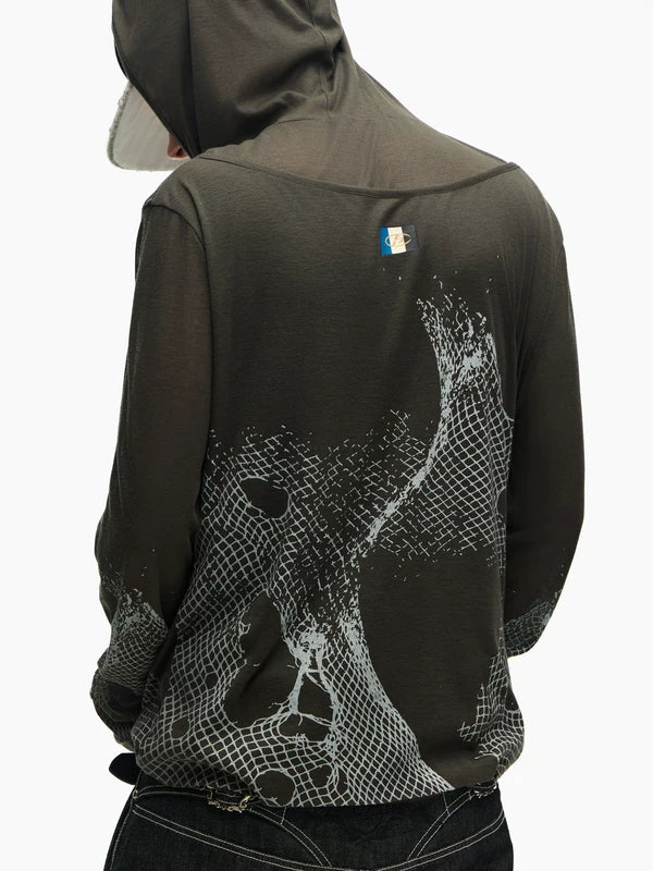 Deconstructed Mesh Print Henley Hooded Sweatshirt 4