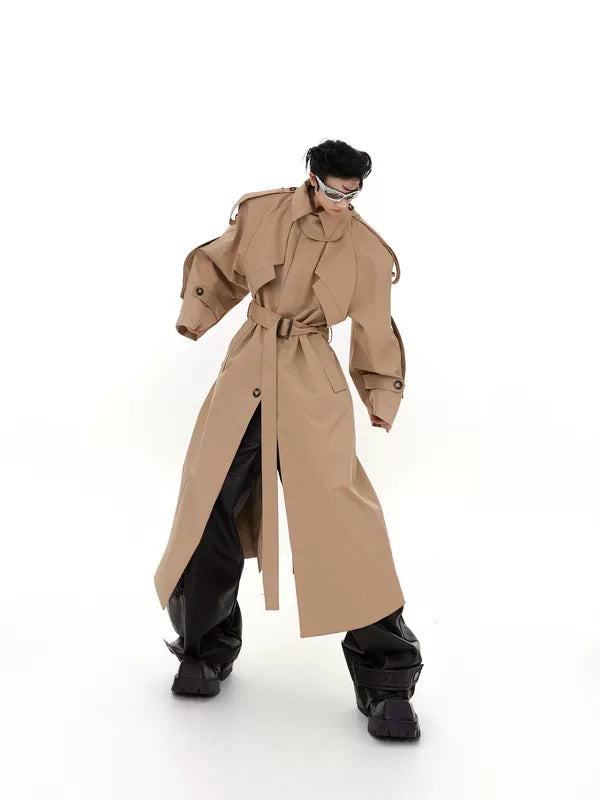 Deconstructed Padded-Shoulder Long Trench Coat 1