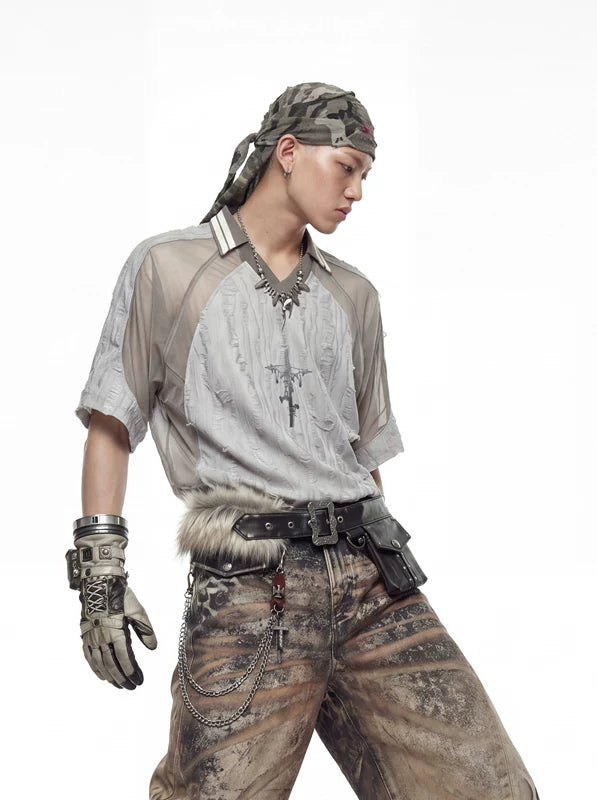 Deconstructed Patchwork Distressed Short-Sleeve T-Shirt 1