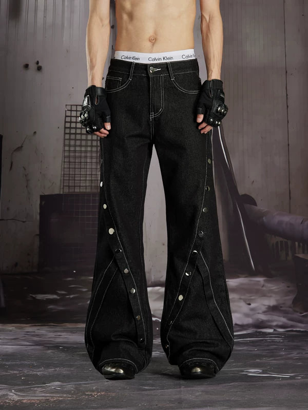 Deconstructed Rivet Detail Flared Denim Pants 1