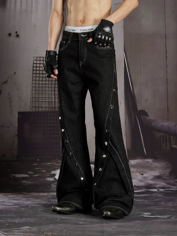 Deconstructed Rivet Detail Flared Denim Pants 2