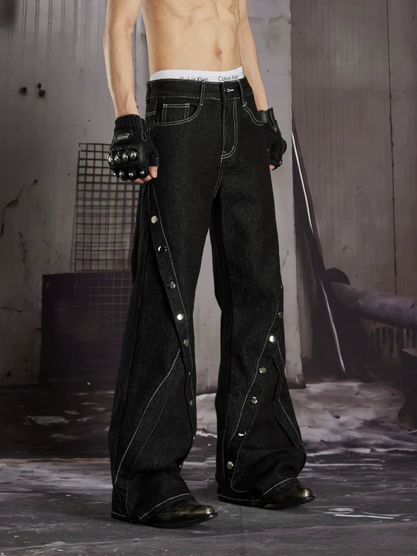 Deconstructed Rivet Detail Flared Denim Pants 4