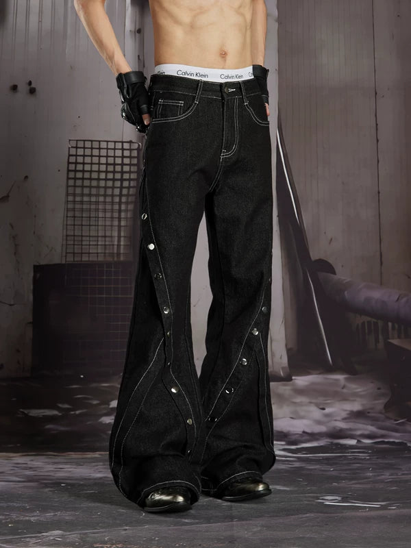 Deconstructed Rivet Detail Flared Denim Pants 5