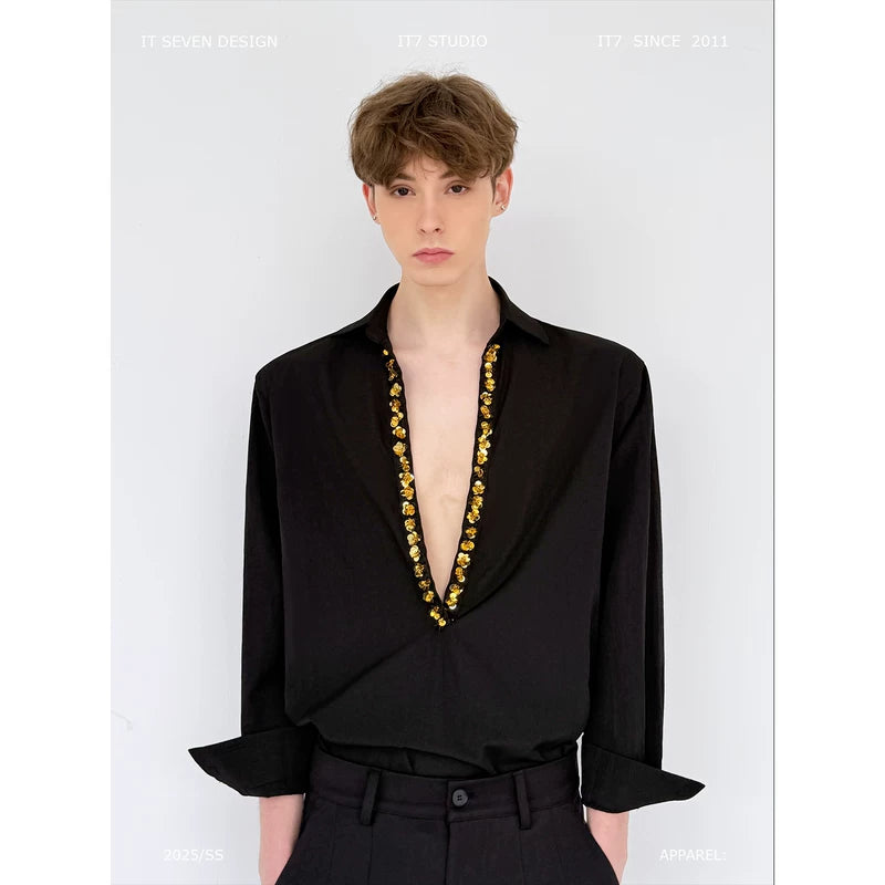 Deep V-Neck Sequin Trim Dress Shirt 1