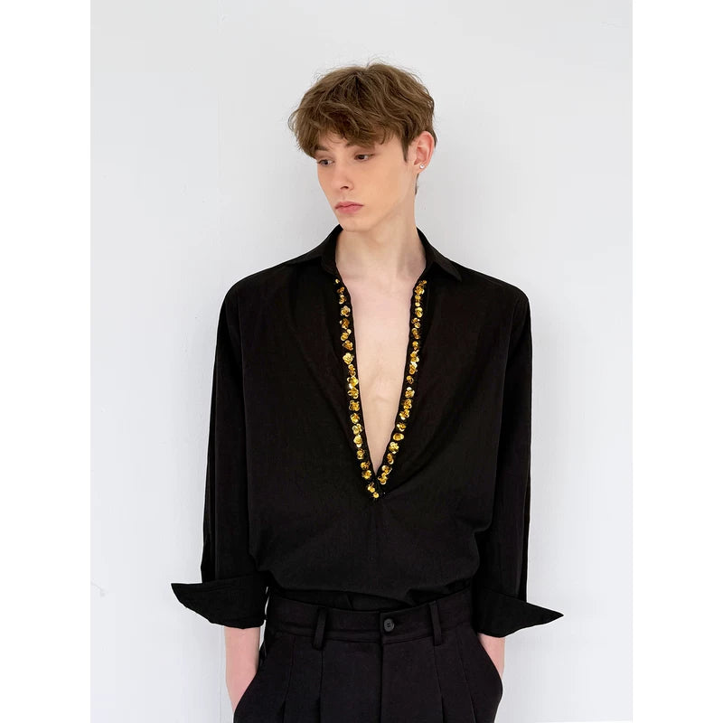 Deep V-Neck Sequin Trim Dress Shirt 4