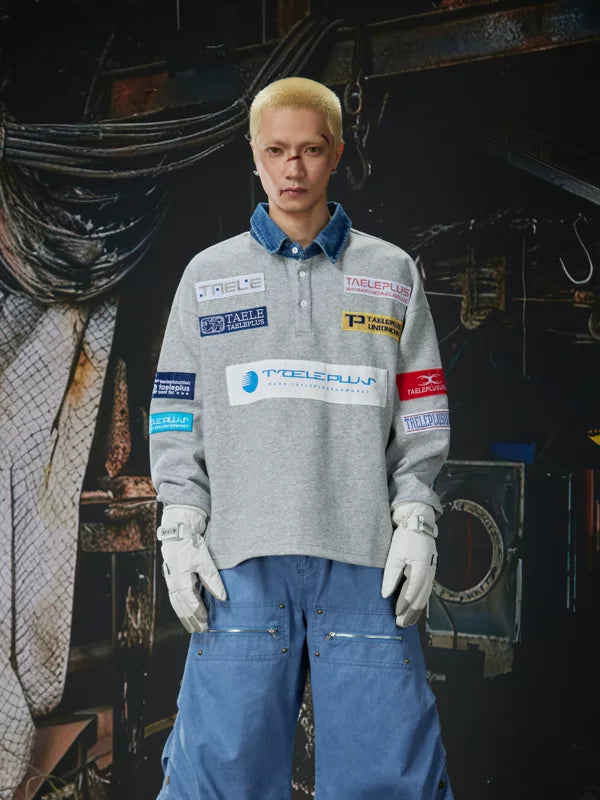 Denim Collar Logo Patch Rugby Polo Shirt 3