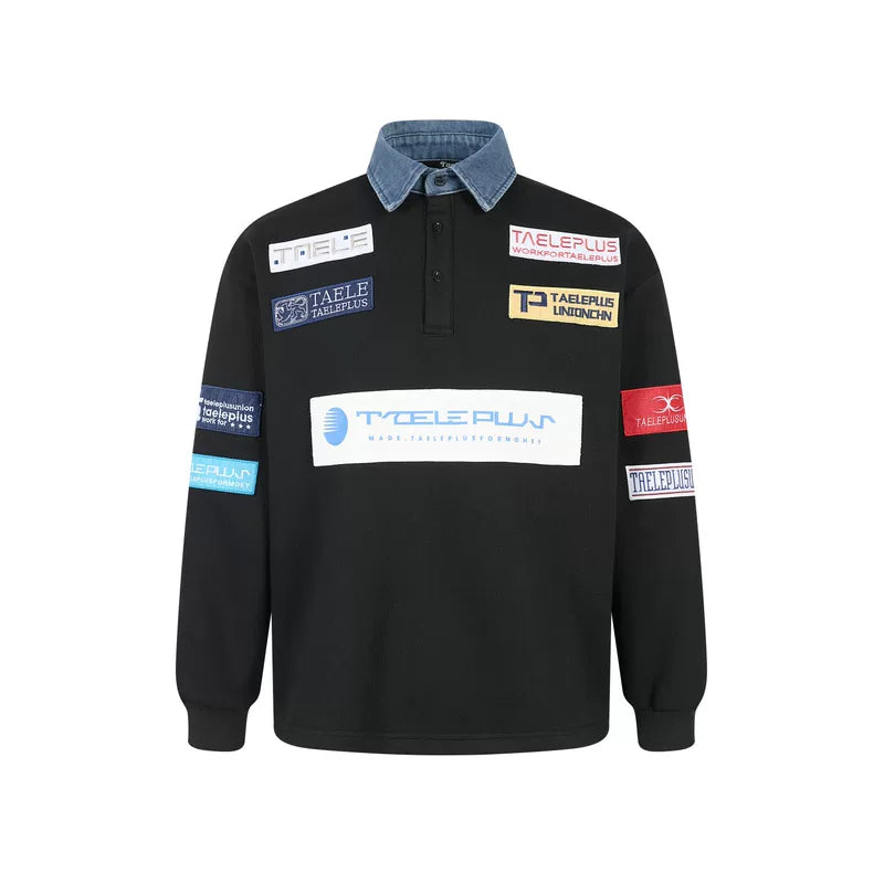 6192210403121,6192210403122,6192210403123, Denim Collar Logo Patch Rugby Polo Shirt