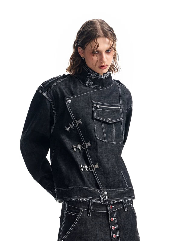 Denim Jacket with Asymmetrical Metal Buckle Closure 1