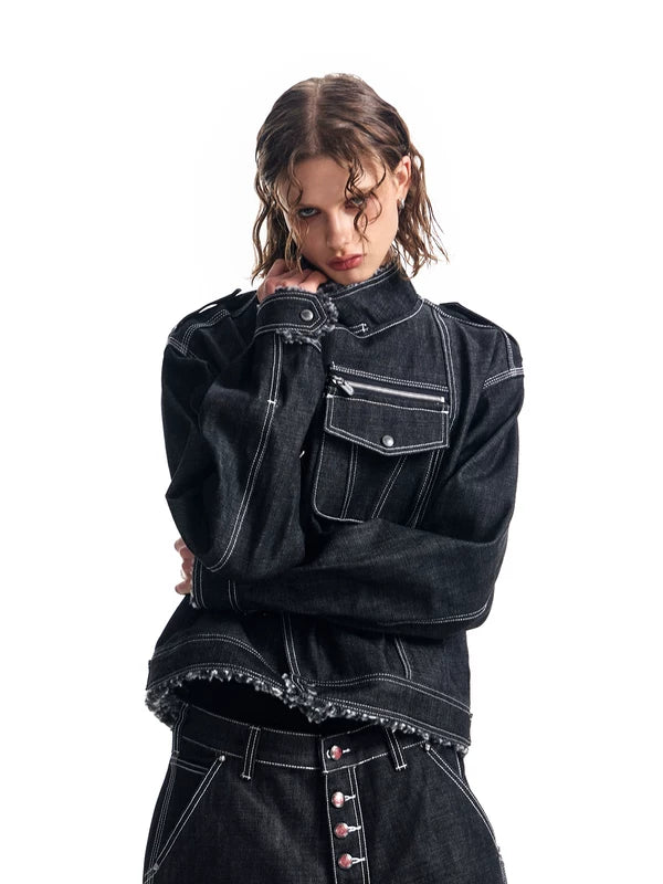 Denim Jacket with Asymmetrical Metal Buckle Closure 2