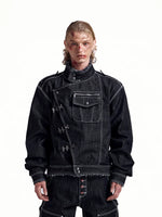 Denim Jacket with Asymmetrical Metal Buckle Closure 3