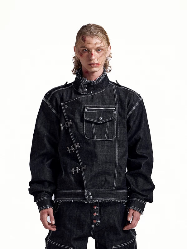 Denim Jacket with Asymmetrical Metal Buckle Closure 3