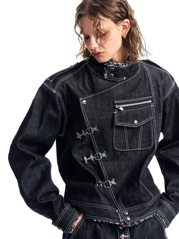 ,5982857153511,5982857153512,5982857153513, Denim Jacket with Asymmetrical Metal Buckle Closure
