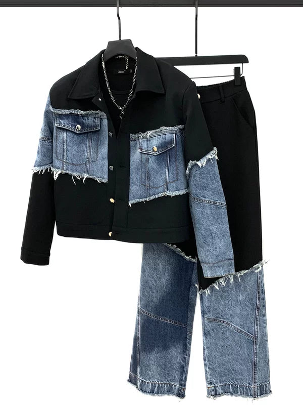 Denim Patchwork Jacket and Pants Set 1
