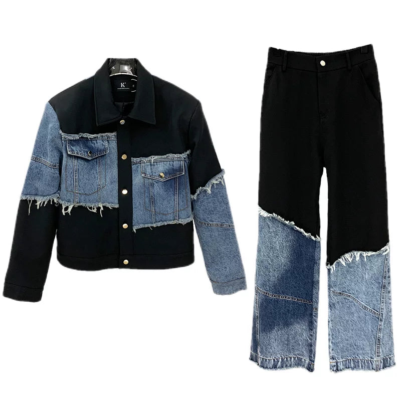 5908265115359,5908265115360,5908265115361, Denim Patchwork Jacket and Pants Set