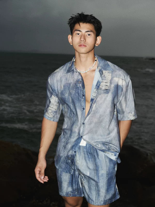 Denim Print Shirt and Shorts Set 5
