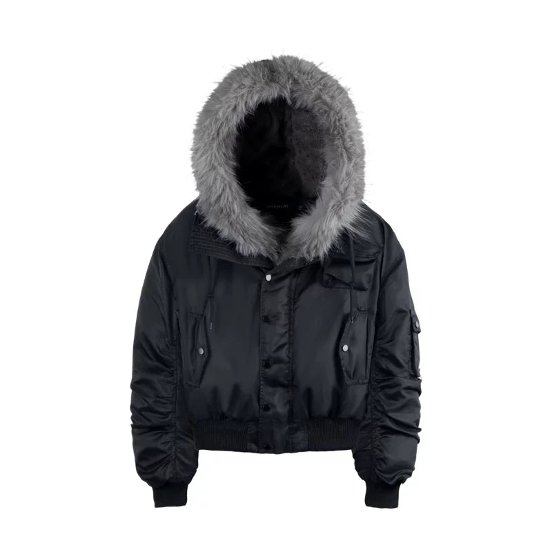 6145133331814,6145133331815,6145133331816, Detachable Faux Fur Collar Short Hooded Jacket