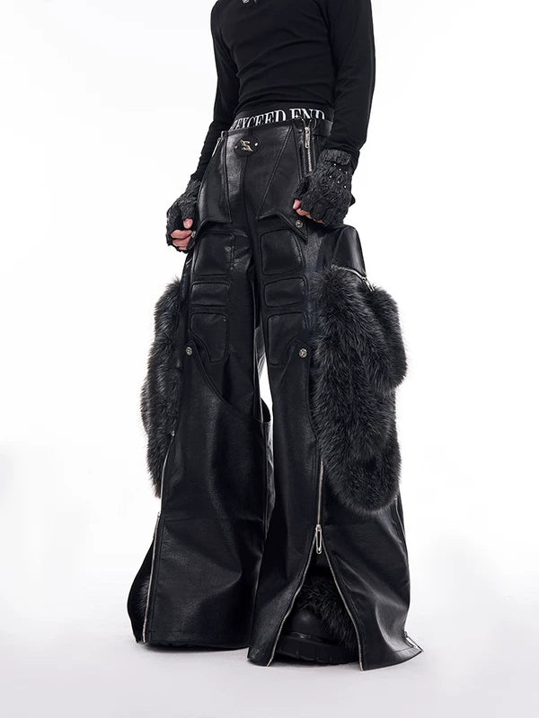 Detachable Fur-Trimmed PU Leather Wide-Leg Pants 2