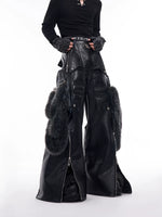 Detachable Fur-Trimmed PU Leather Wide-Leg Pants 3