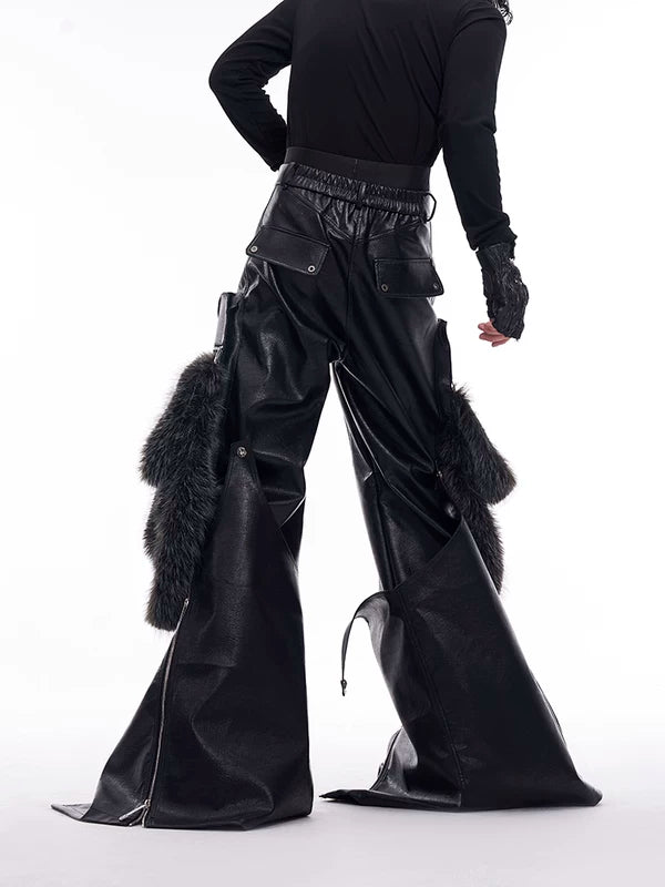 Detachable Fur-Trimmed PU Leather Wide-Leg Pants 4