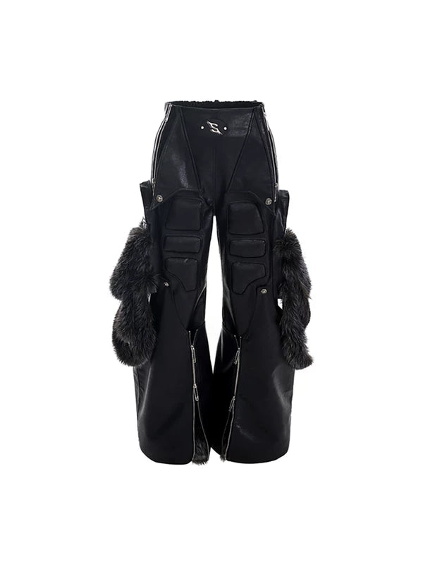 Detachable Fur-Trimmed PU Leather Wide-Leg Pants 5