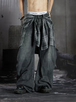 Detachable Plaid Patchwork Wide-Leg Jeans 1