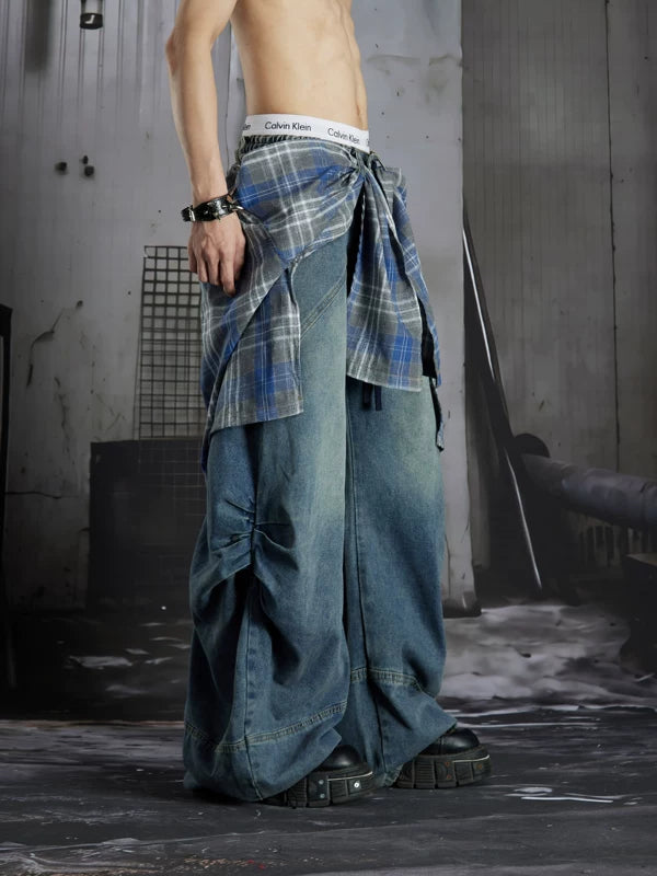 Detachable Plaid Patchwork Wide-Leg Jeans 4