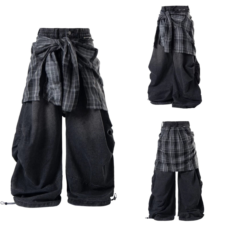 6094834056689,6094834056690,6094834056691,6094834056692, Detachable Plaid Patchwork Wide-Leg Jeans