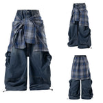 6094834056693,6094834056694,6094834056695,6094834056696, Detachable Plaid Patchwork Wide-Leg Jeans