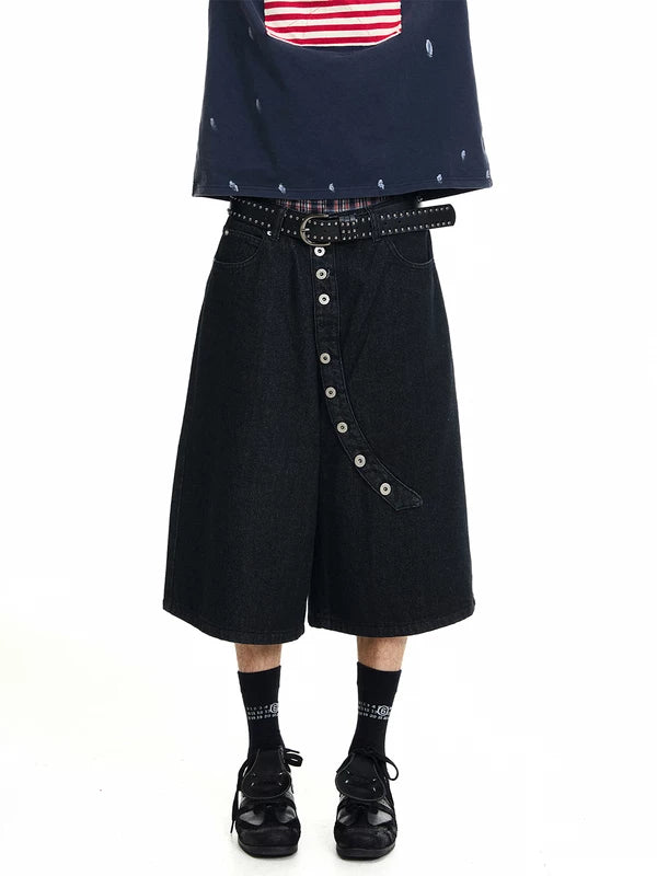 Diagonal Button Loose Wide-Leg Denim Pants 3