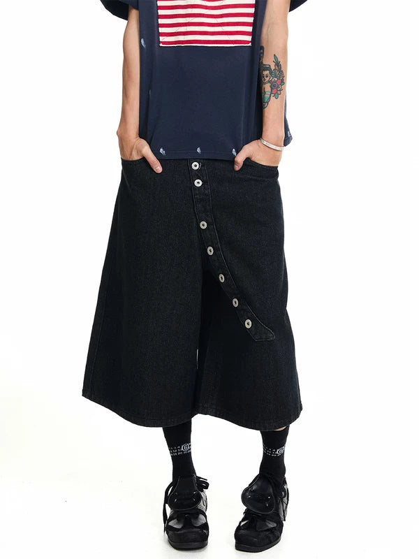 Diagonal Button Loose Wide-Leg Denim Pants 5