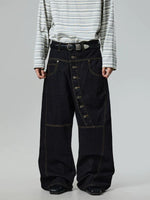 Diagonal Button Wide-Leg Denim Pants 1