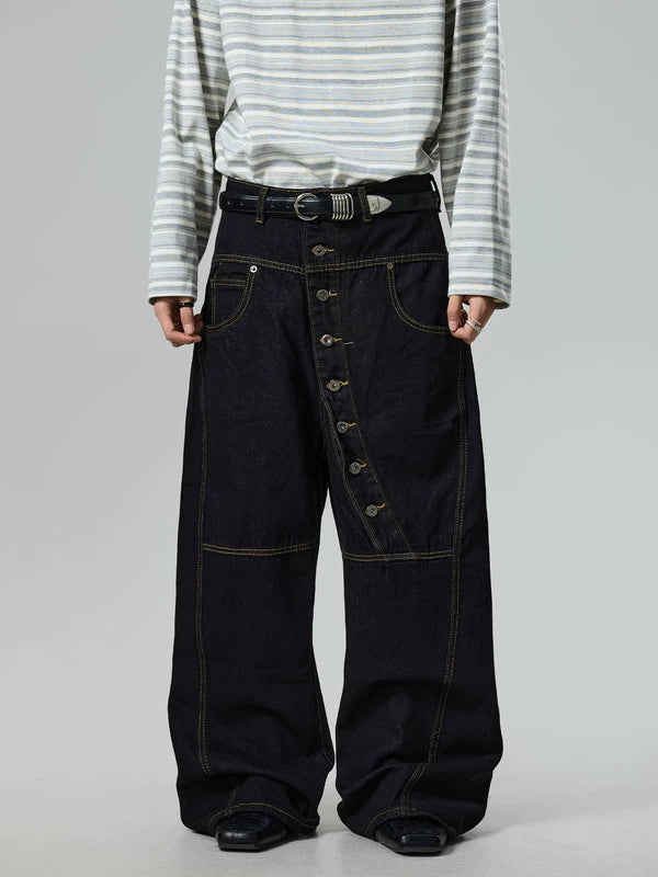 Diagonal Button Wide-Leg Denim Pants 1