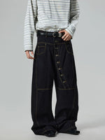 Diagonal Button Wide-Leg Denim Pants 2