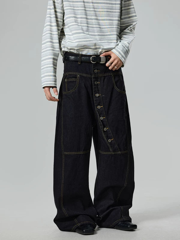 Diagonal Button Wide-Leg Denim Pants 2