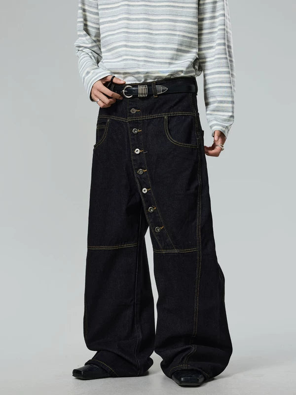 Diagonal Button Wide-Leg Denim Pants 3