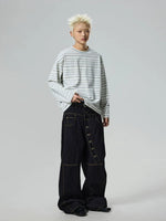 Diagonal Button Wide-Leg Denim Pants 4