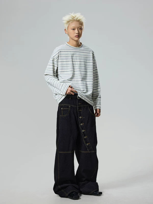 Diagonal Button Wide-Leg Denim Pants 4