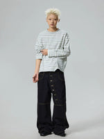 Diagonal Button Wide-Leg Denim Pants 5