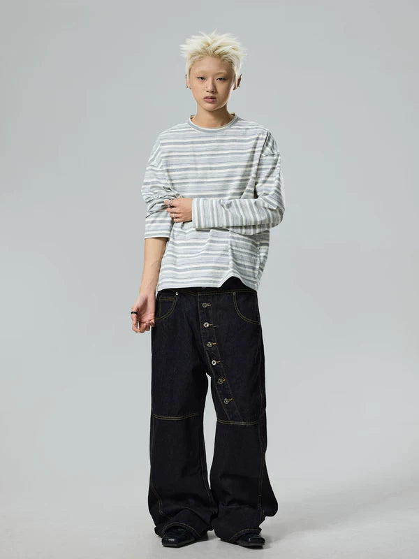 Diagonal Button Wide-Leg Denim Pants 5