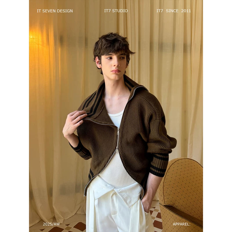 Diagonal Zip High Neck Knit Cardigan 1