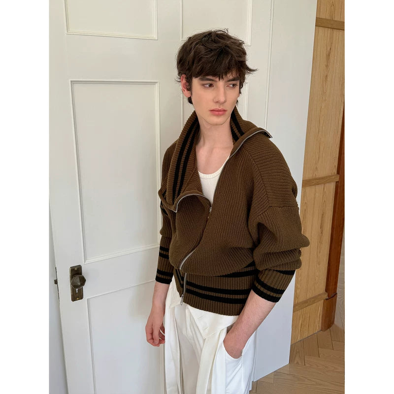 Diagonal Zip High Neck Knit Cardigan 3
