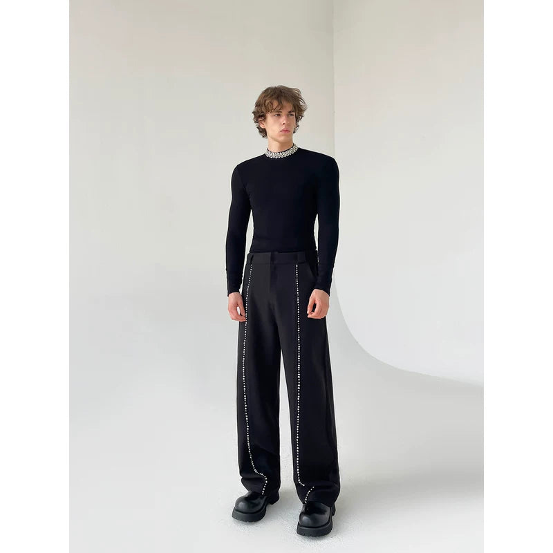 Diamond Embellished Straight Leg Casual Pants 2