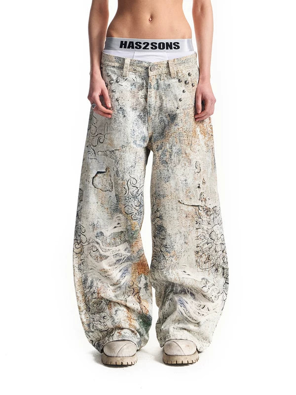 Digital Print Distressed Wide Leg Jeans Pants 1