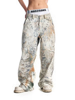 Digital Print Distressed Wide Leg Jeans Pants 2