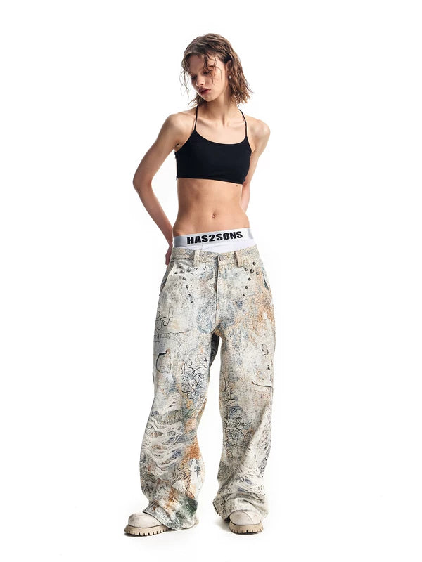 Digital Print Distressed Wide Leg Jeans Pants 5