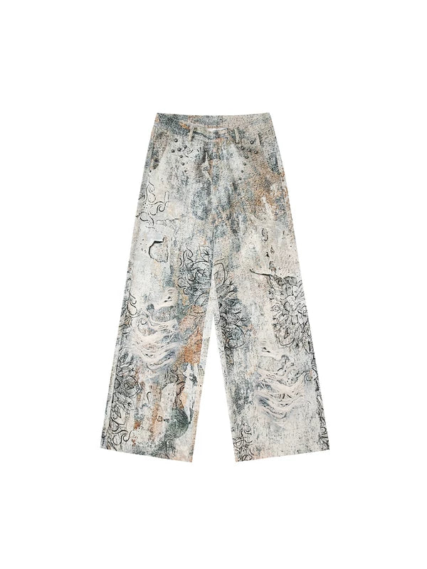 6089112495586,6089112495587,6089112495588,6089112495589, Digital Print Distressed Wide Leg Jeans Pants