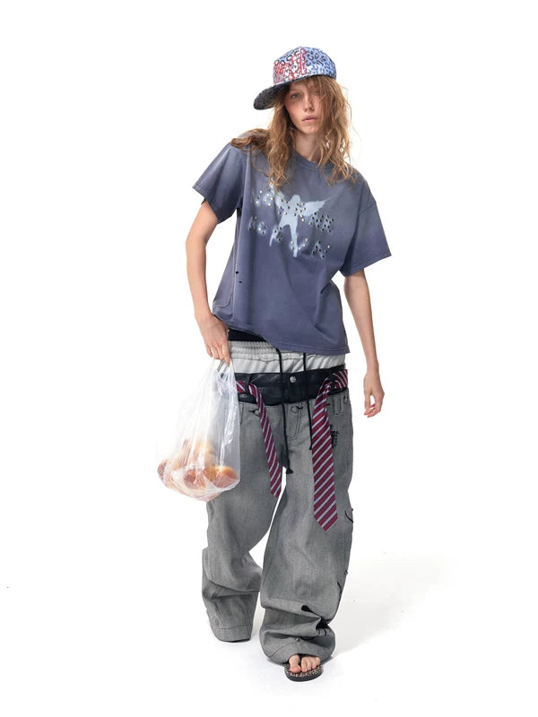Distressed Beaded Graphic Wide T-Shirt 2