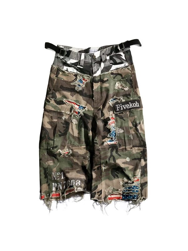 ,6103106433966,6103106433967,6103106433968, Distressed Camo Double-Layer Cargo Shorts