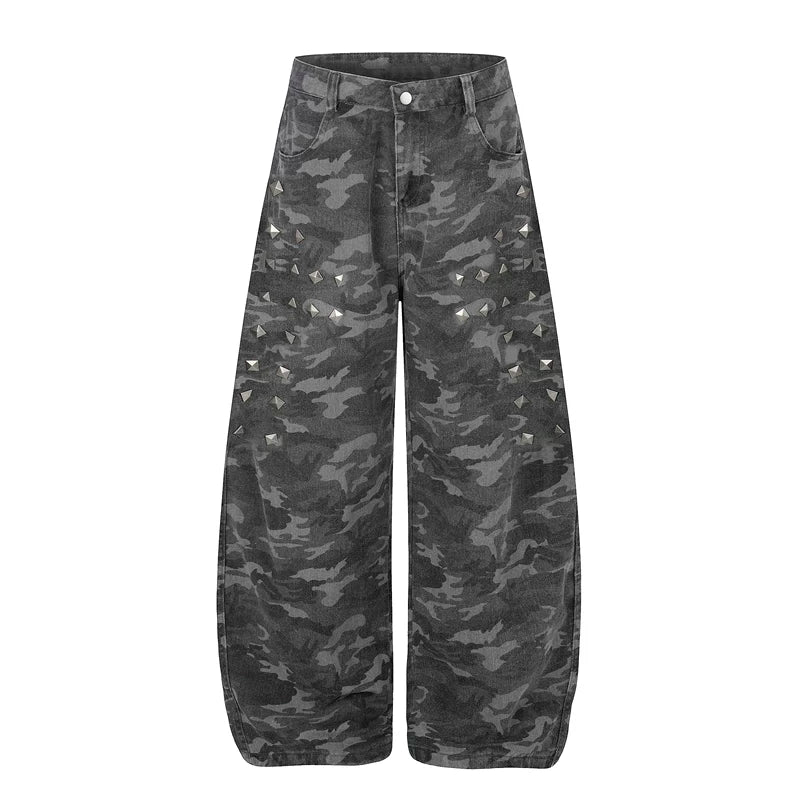 6102721277253,6102721277254,6102721277255,6102721277256, Distressed Camouflage Wide-Leg Rivet Pants